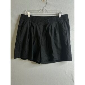 Black Linen Blend Crossover V-Waist Relaxed Shorts Plus Size 1X